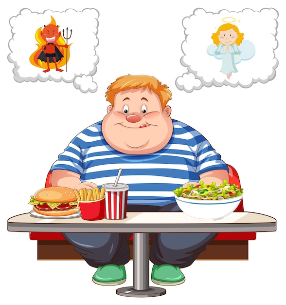Free vector overweight man fighting between eating healthy or unhealthy food