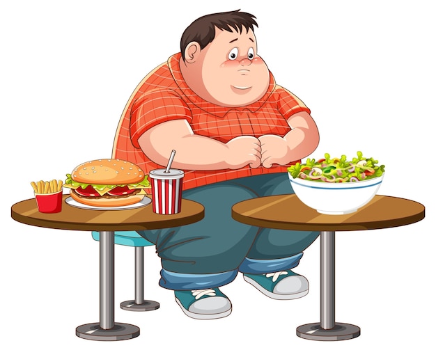 Uomo in sovrappeso che combatte tra mangiare cibo sano o malsano