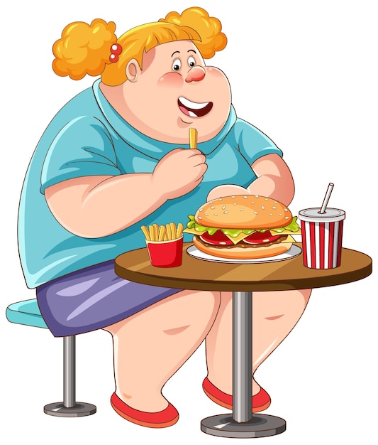 Overweight woman eating fast food on the table isolated