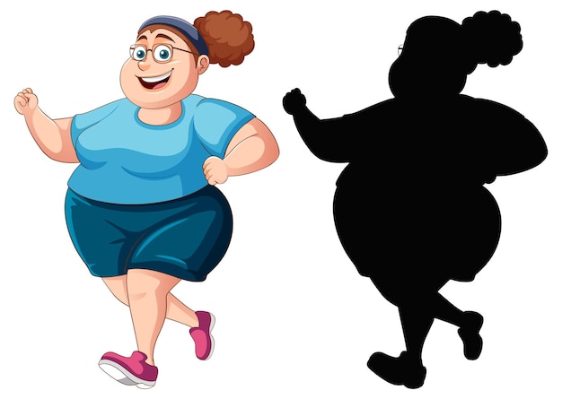 Free vector overweight woman running cartoon character and silhouette