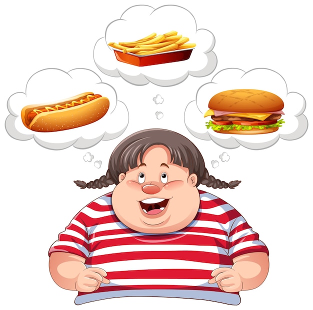 Free vector overweight woman thinking about fast food