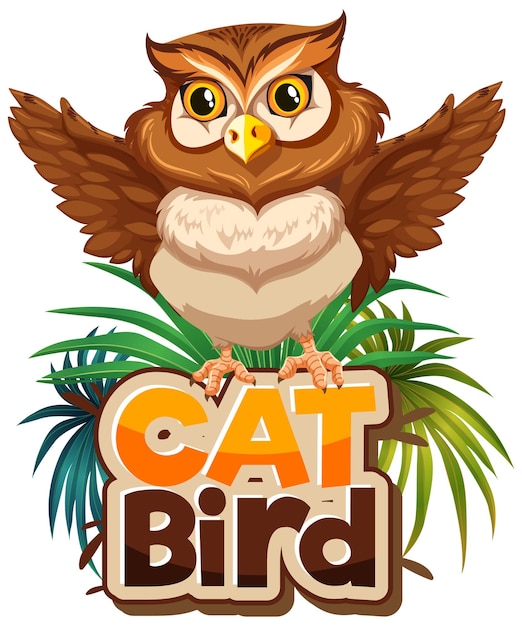Free vector owl cartoon character with cat bird font banner isolated