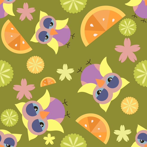 フクロウ、果物のパターンの背景