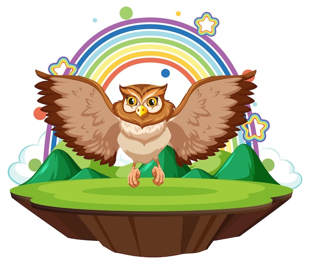 Free vector owl in the garden with rainbow on white background