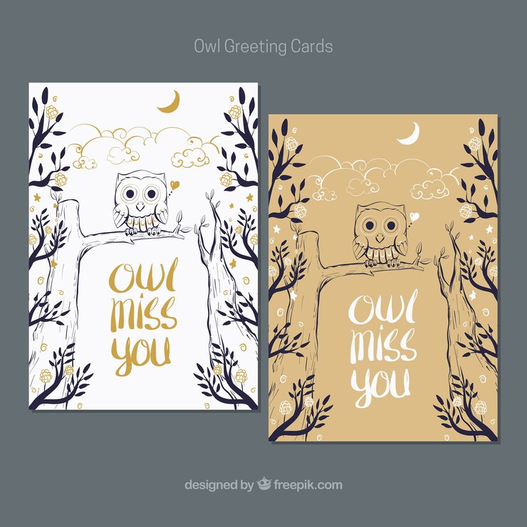 Free Vector owl greeting cards in hand-drawn style