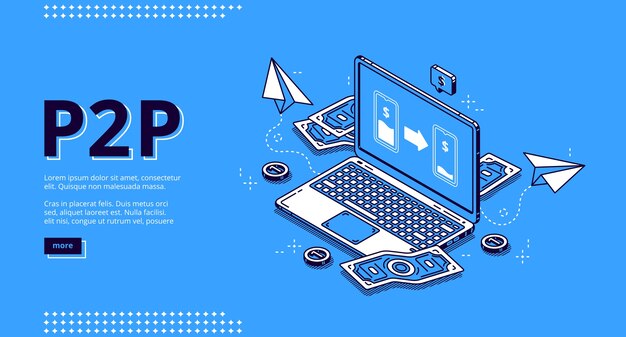 P2p isometric landing page, peer-to-peer lending, transfer money. One-rank and client server network, business concept. Laptop and money bills around on blue background, 3d line art web banner