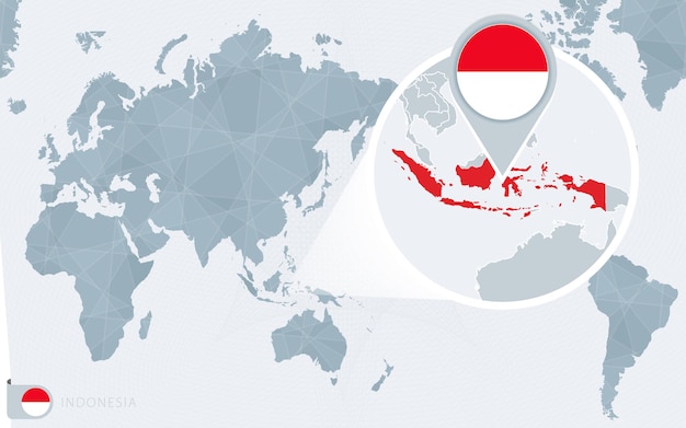 확대된 인도네시아와 태평양 중심의 세계 지도입니다. 인도네시아의 국기와 지도. 프리미엄 벡터