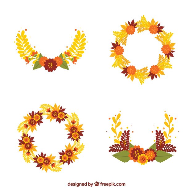 平らなデザインの秋の花輪のパック