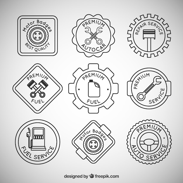 Pack of badges related to mechanics and gas station