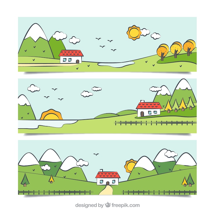 無料Vector バナーの手のパックは、家で風景を描か