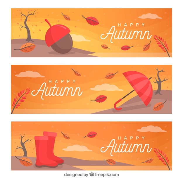 Confezione di banner con elementi di autunno e foglie