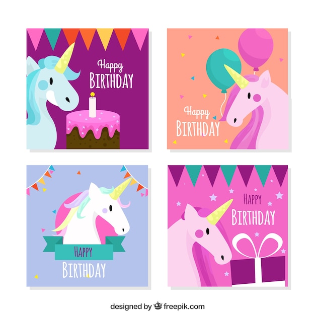 Vettore gratuito confezione di bellissime carte di compleanno con unicorno