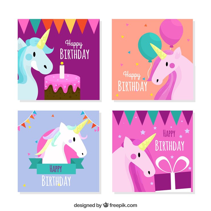 Free Vector pack of beautiful birthday cards with unicorns