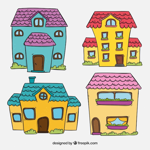 Free vector pack of beautiful facades of hand drawn houses