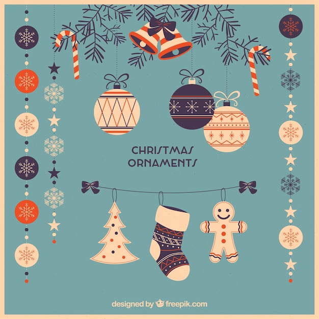 Pack of beautiful retro christmas ornaments in flat design