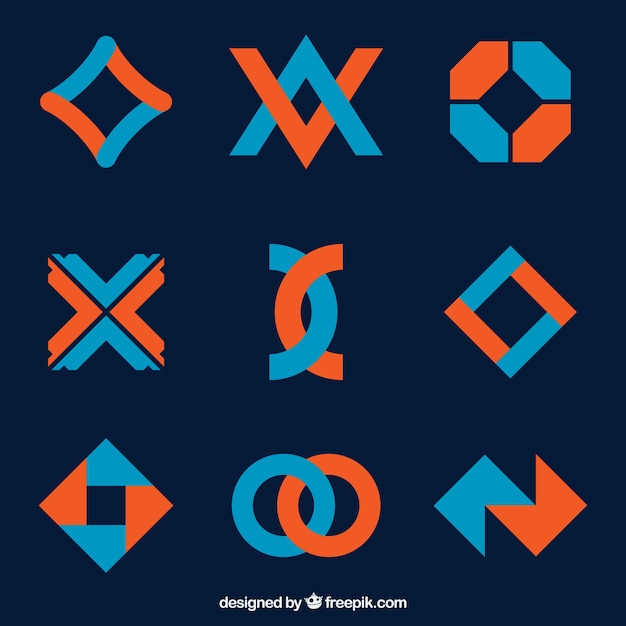幾何学的なスタイルで、青とオレンジ色のロゴタイプのパック
