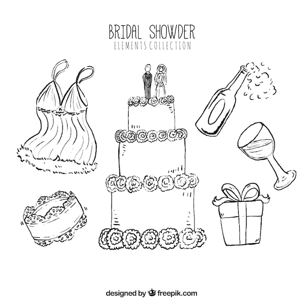 Pack of bridal shower elements in hand-drawn style