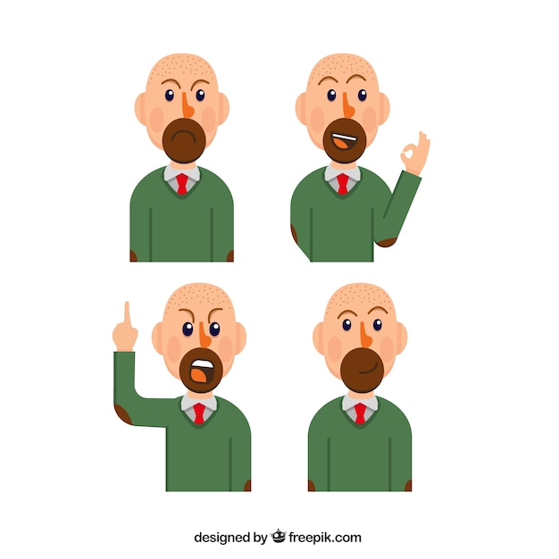 Pack of businessman character with four expressive faces