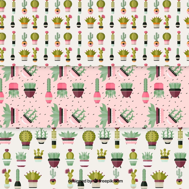 Vettore gratuito confezione di modelli cactus e pentole in design piatto