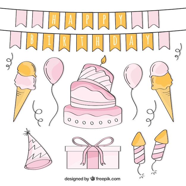 Pack of cake and hand drawn birthday items