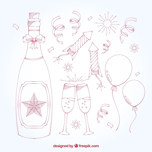 Free vector pack of champagne bottle with new year elements