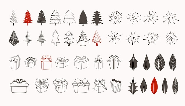 Pack of christmas festival decorative elements in doodle style