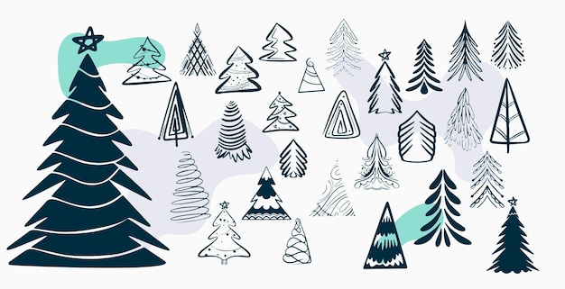 Vettore gratuito confezione di ornamenti per alberi di natale in stile doodle