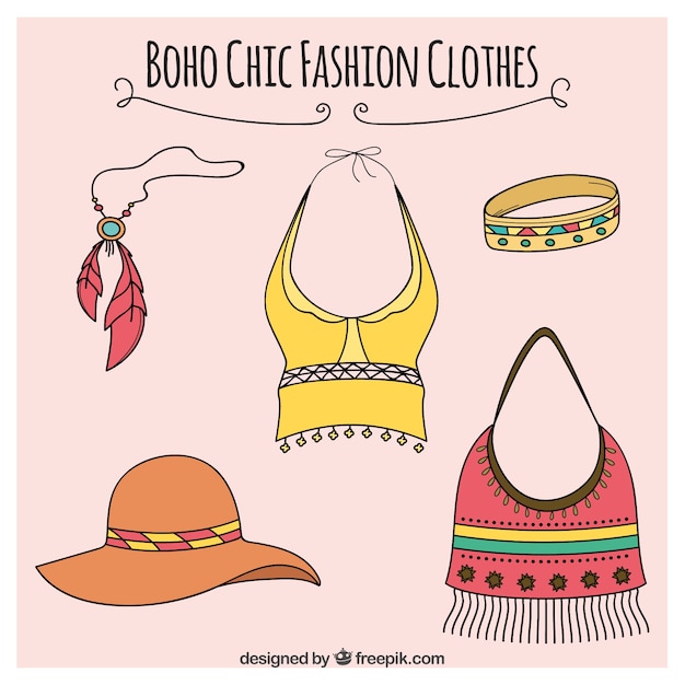 Free vector pack of clohes and accessories in boho style