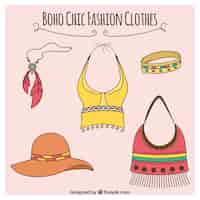 Free vector pack of clohes and accessories in boho style