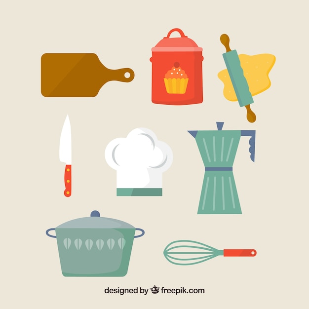 Free vector pack of coffee pot with kitchen elements