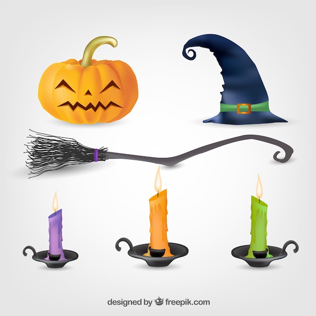 Vettore gratuito confezione di candele colorate e altri elementi di halloween