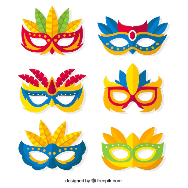 Vettore gratuito confezione da maschere di carnevale colorate nel design piatto