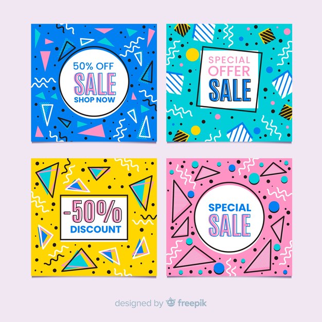 Pack of colorful sales banner memphis style