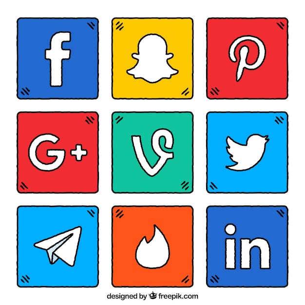 소셜 네트워크 로고가있는 다채로운 사각형 팩
