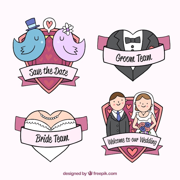 Vettore gratuito confezione di badge matrimonio creativo