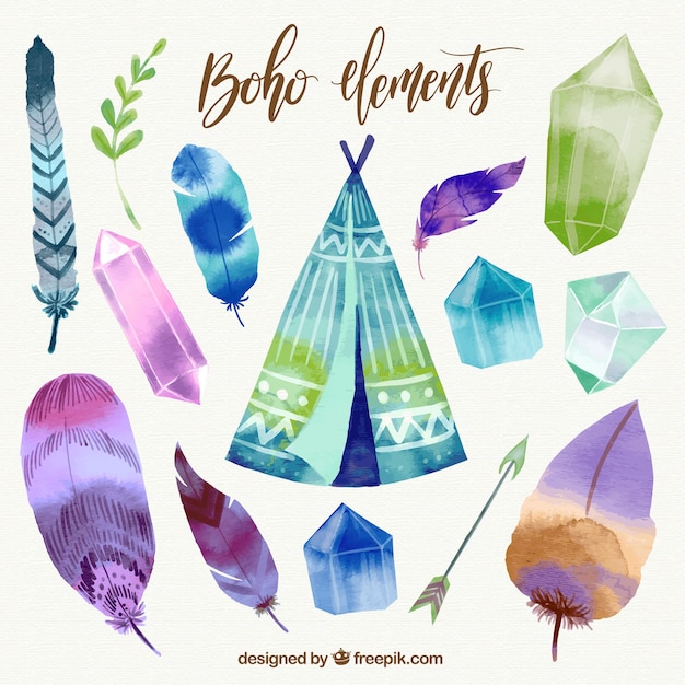 Free vector pack of crystals and boho watercolor elements