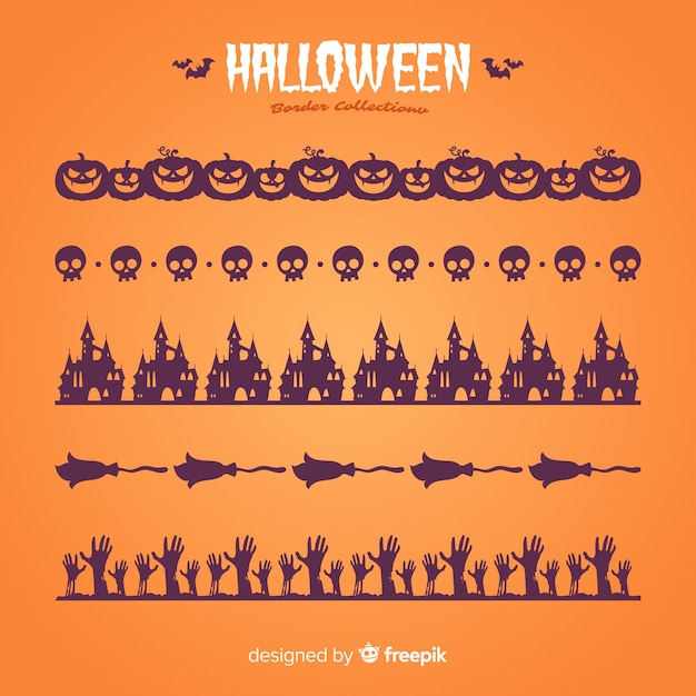 Vettore gratuito confezione di bordi decorativi di halloween in design piatto