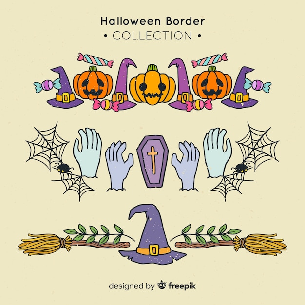 Vettore gratuito confezione di bordi decorativi di halloween in mano disegnato stile