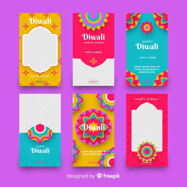 Free vector pack of diwali festival instagram stories