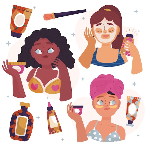 Pack of drawn women doing her skincare routine