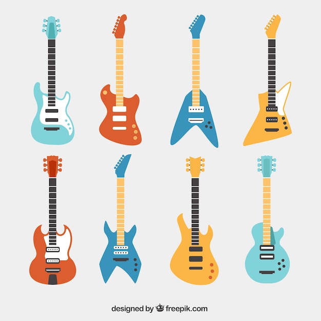 Free vector pack of eight electric guitars with variety of designs