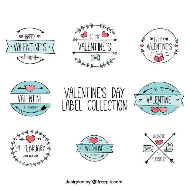 Free vector pack of eight hand-drawn labels for valentine's day