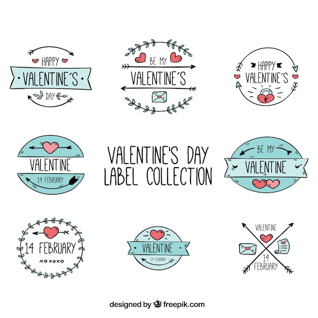 Pack of eight hand-drawn labels for valentine's day