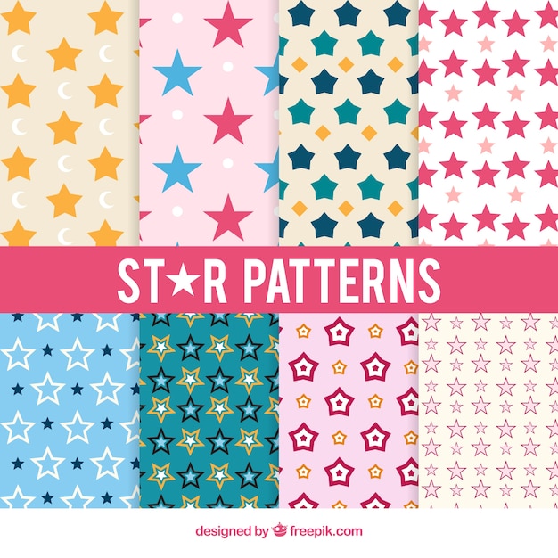 Free vector pack of eight star patterns in pastel colors