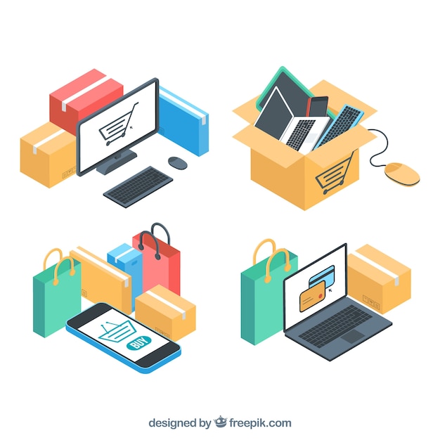 Пакет электронных устройств и онлайн-покупки в изометрическом стиле