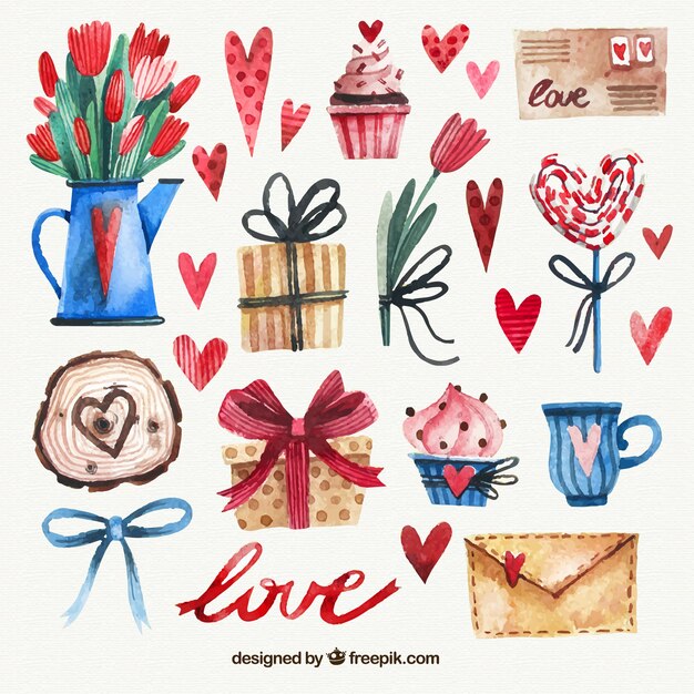 Pack of fantastic watercolor objects for valentine's day