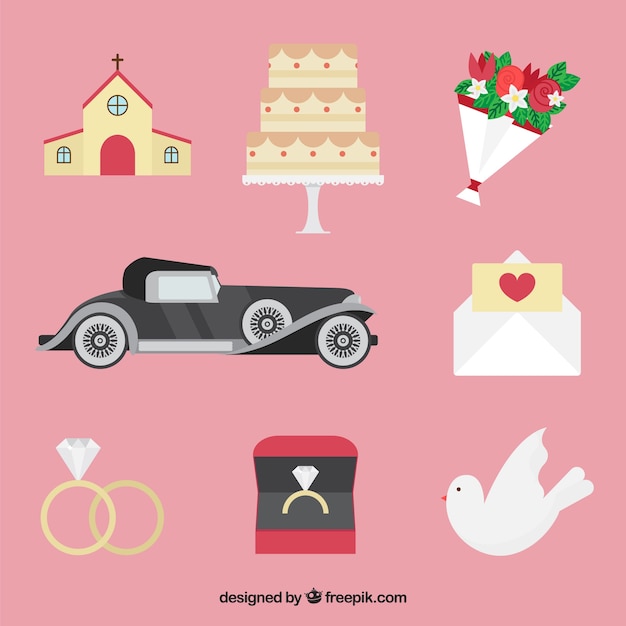 Free vector pack of fantastic wedding elements in flat design