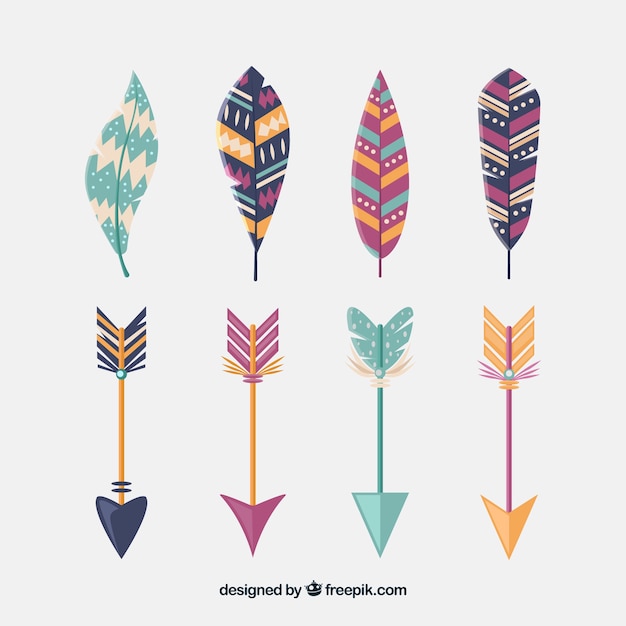 Pack of feathers and arrows in boho style