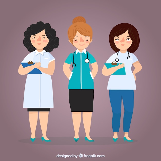 Pack of female doctors with clipboard and stethoscope