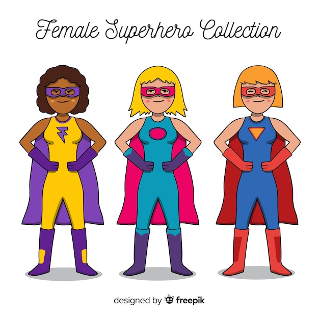 Vettore gratuito confezione di personaggi di supereroi femminili in stile cartoon